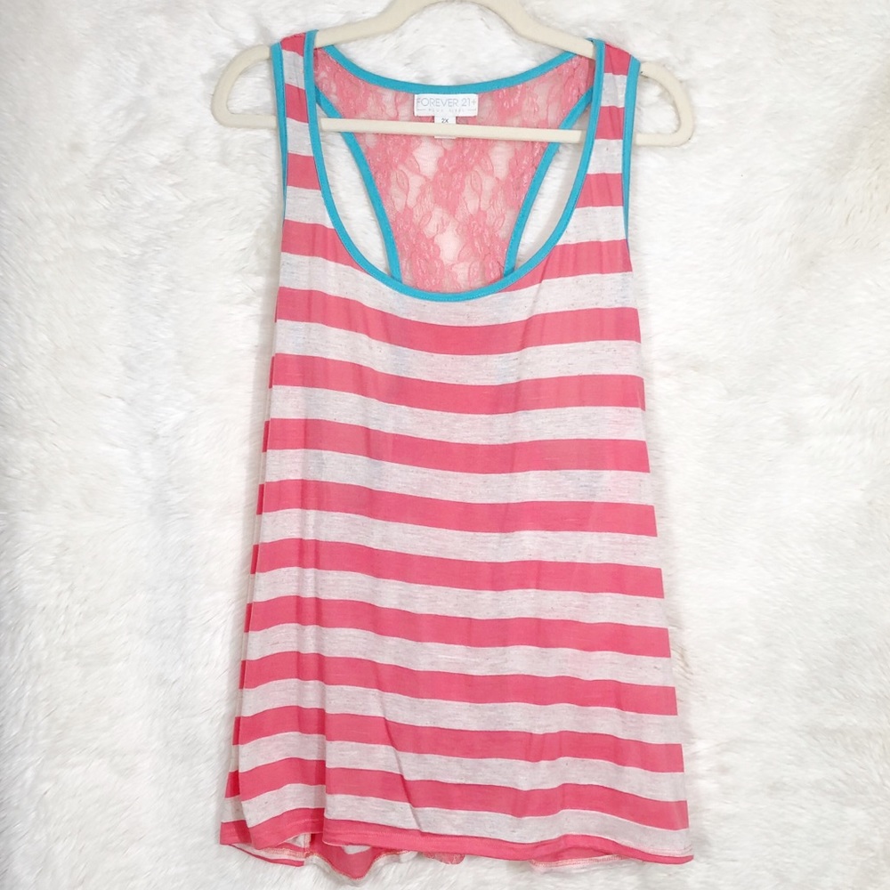 Forever 21 Coral & Teal Stripped Lace Back Tank